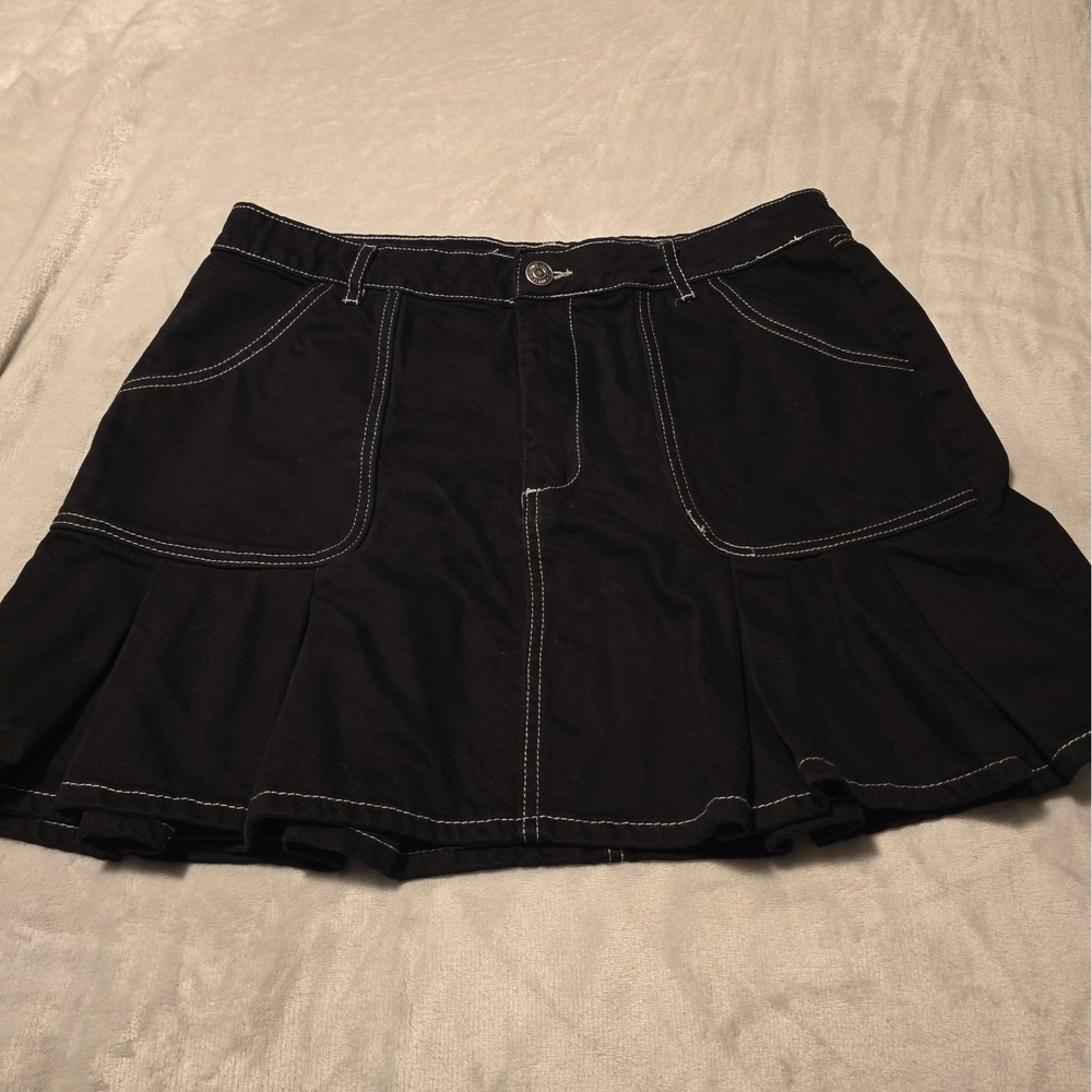 Y2K Style Almost Famous Black Denim Pleated Micro Mini Skirt, Grunge, Skater 13